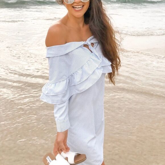 English Factory Off the Shoulder Ruffle Mini Dress || SZ S || Powder Blue - Picture 4 of 14